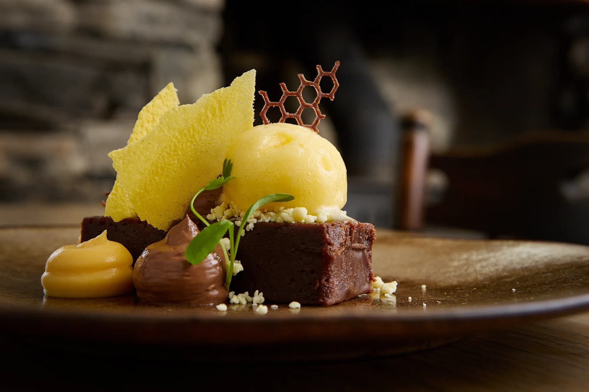 Chocolate dessert with ice cream and delicate garnishes at The Old Dog