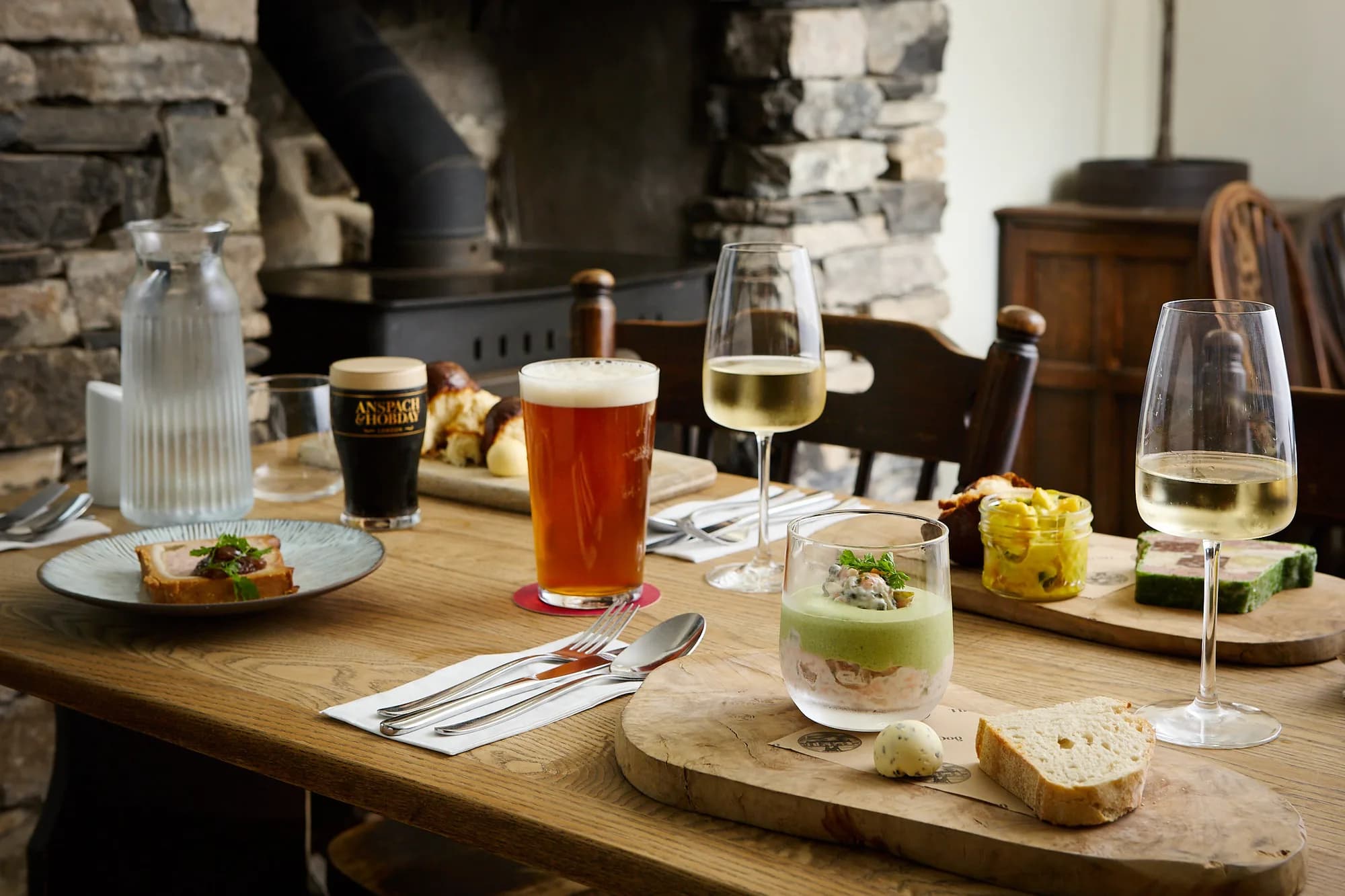 Food and drinks served beside the fire at The Old Dog