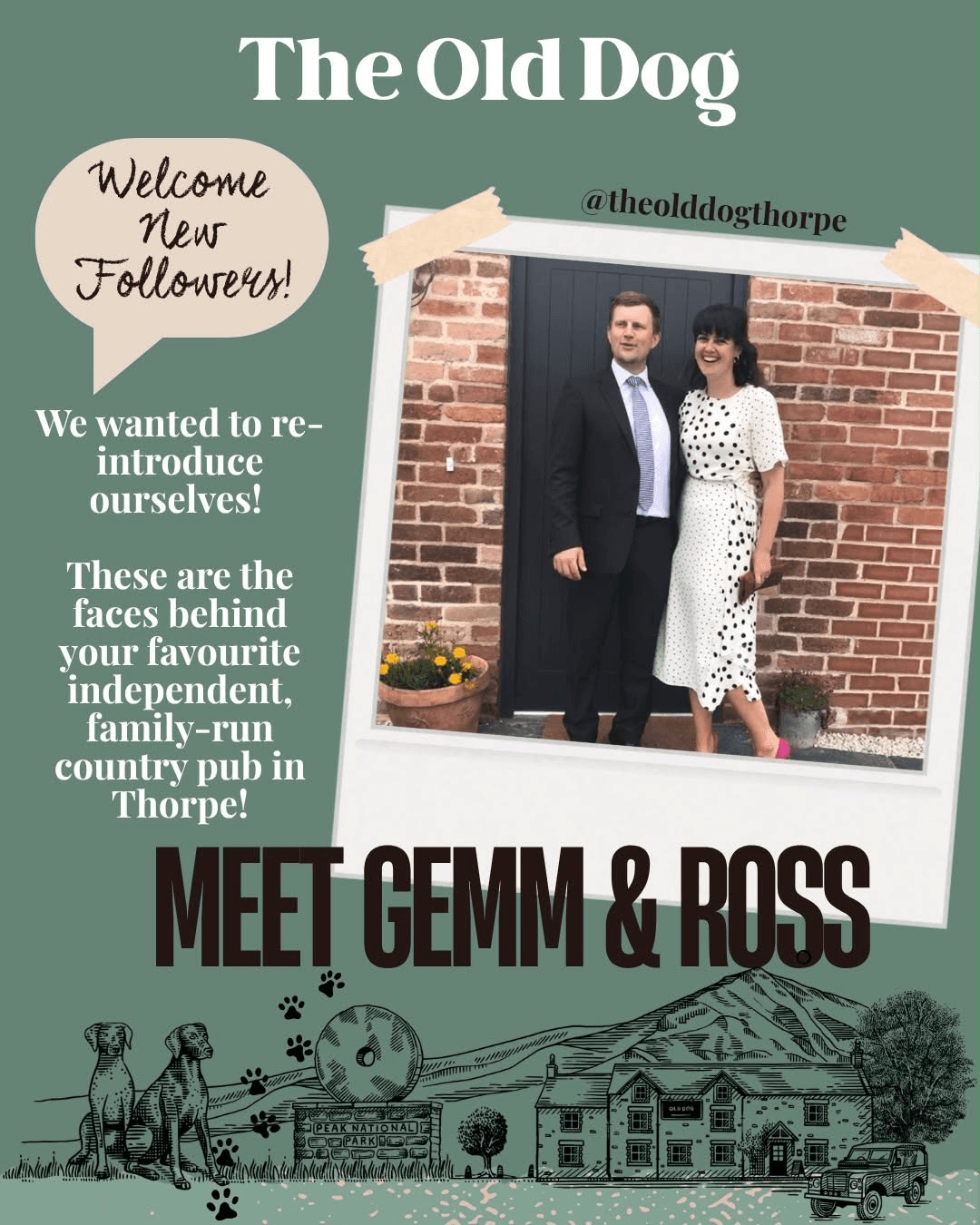 Ross and Gemma standing together in their Instagram introduction, welcoming visitors to their independent family pub in Thorpe.
