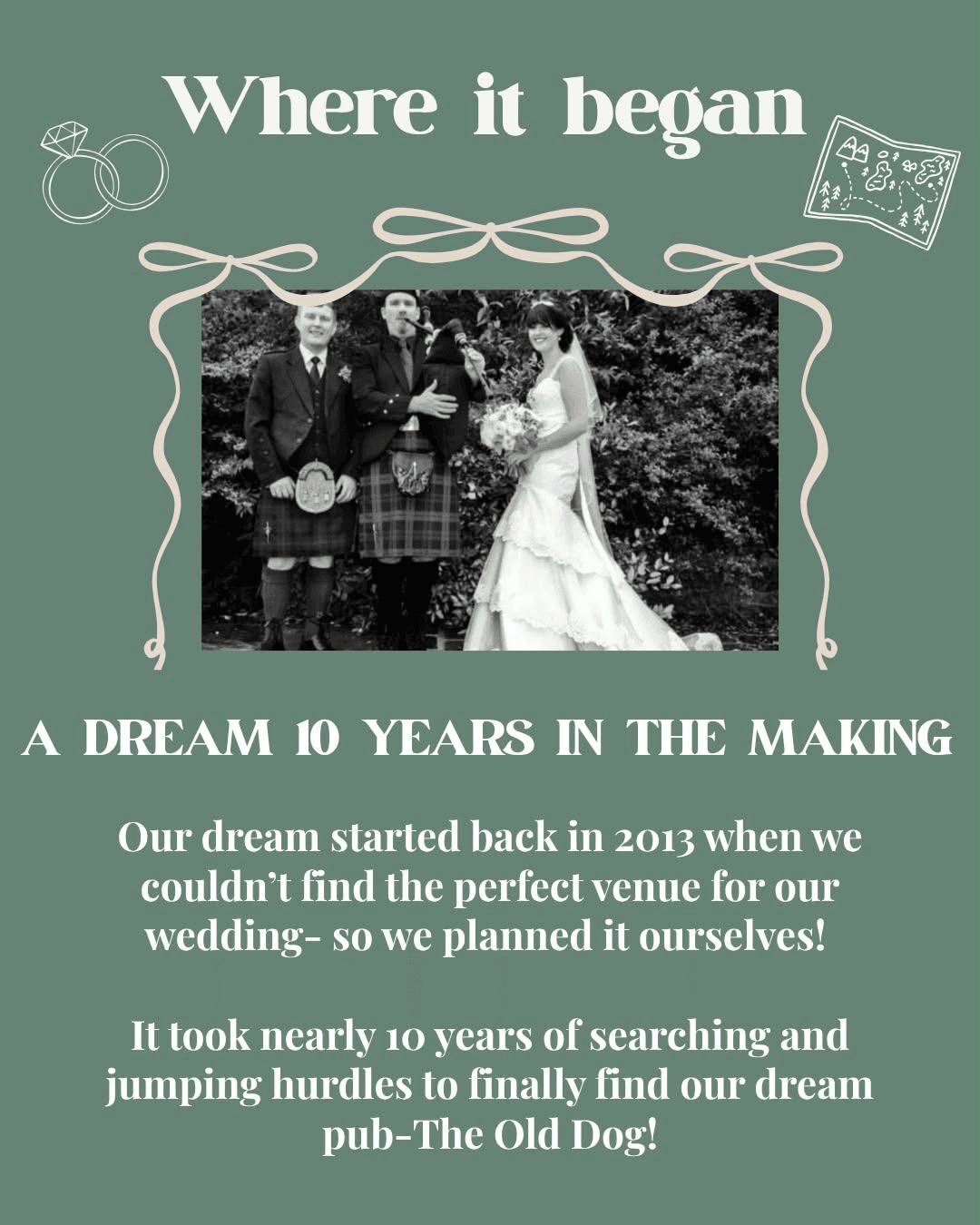 Wedding photograph from Ross and Gemma’s ‘Where it began’ story, with their account of the search for The Old Dog.