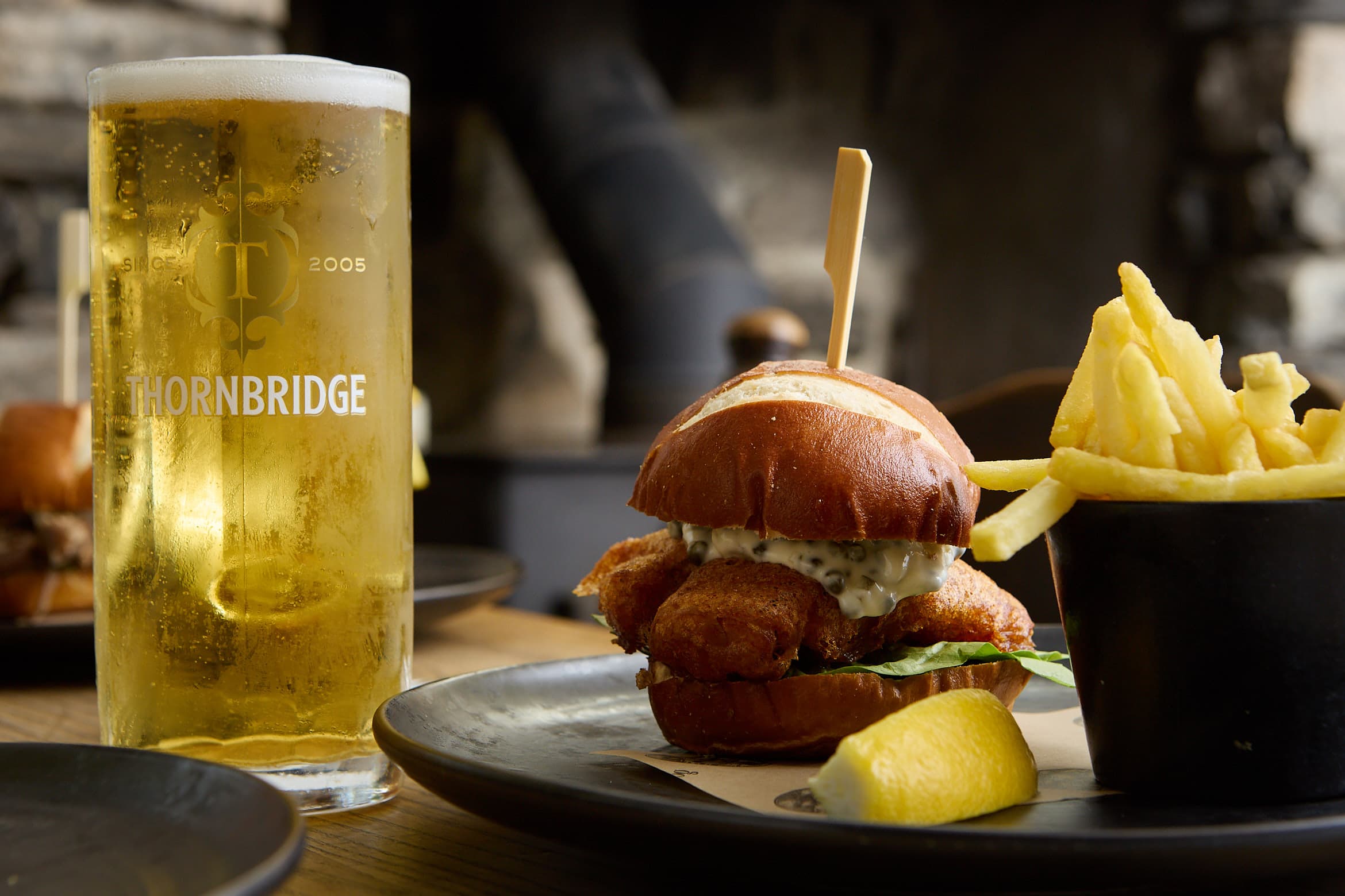 Food and a pint ready for service at The Old Dog